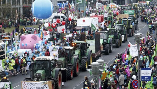 Farmers and consumers protest with a tractor convoy as part of Wir haben es satt demonstrations against genetic engineering in Berlin, Germany, January 21, 2017 - Sputnik International