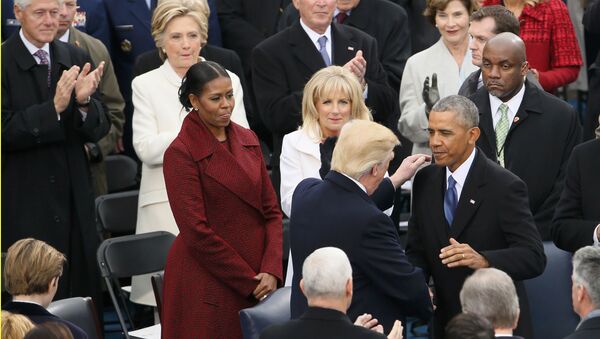 President Obama greets President-elect Donald Trump as former president Bill Clinton, his wife Hillary, and former President George W Bush and his wife Laura look on at the inauguration ceremonies swearing in Donald Trump as the 45th president of the United States on the West front of the U.S. Capitol in Washington, U.S., January 20, 2017 - Sputnik International