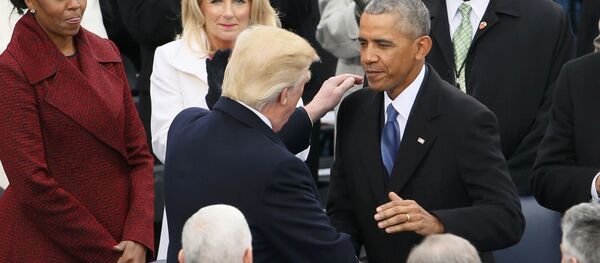 President Obama greets President-elect Donald Trump as former president Bill Clinton, his wife Hillary, and former President George W Bush and his wife Laura look on at the inauguration ceremonies swearing in Donald Trump as the 45th president of the United States on the West front of the U.S. Capitol in Washington, U.S., January 20, 2017 - Sputnik International
