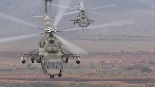 Flying Terminators: Russia’s Mi-8AMTSh Helicopters Take Part in Drills - Sputnik International