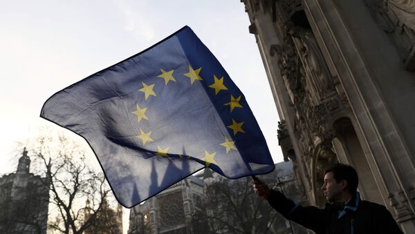 A man waves a European Union flag outside the Supreme Court before the decision of a court ruling on whether Theresa May's government requires parliamentary approval to start the process of leaving the European Union, in Parliament Square, central London, Britain, January 24, 2017. - Sputnik International
