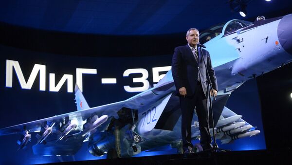 Russian Deputy Prime Minister Dmitry Rogozin speaks at the presentation of the MiG 35 aviation complex held on the territory of Industrial Complex 1 of the MiG Russian Aircraft Corporation in Lukhovitsy, Moscow Region - Sputnik International