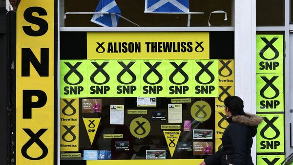 A member of the public walks past a window display of Scottish National Party branding is displayed in Glasgow, Scotland, Thursday, May 7, 2015 - Sputnik International