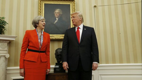 U.S. President Donald Trump speaks with British Prime Minister Theresa May in the Oval Office of the White House in Washington January 27, 201 - Sputnik International