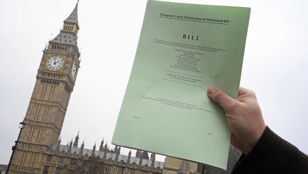 A journalist poses with a copy of the Brexit Article 50 bill, introduced by the government to seek parliamentary approval to start the process of leaving the European Union, in front of the Houses of Parliament in London, Britain, January 26, 2017 - Sputnik International