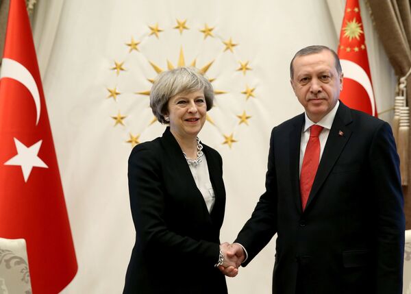 Turkish President Tayyip Erdogan meets with Britain's Prime Minister Theresa May at the Presidential Palace in Ankara, Turkey, January 28, 2017. Turkish President Tayyip Erdogan meets with Britain's Prime Minister Theresa May at the Presidential Palace in Ankara, Turkey, January 28, 2017. - Sputnik International