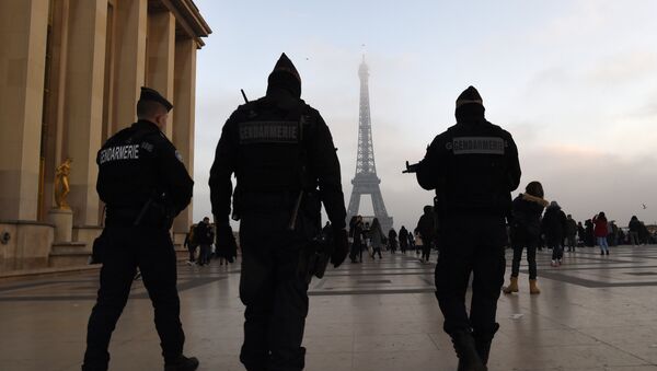 French gendarmes patrol in front of the Eiffel Tower one day before New Year's eve festivities in Paris on December 30, 2016 - Sputnik International