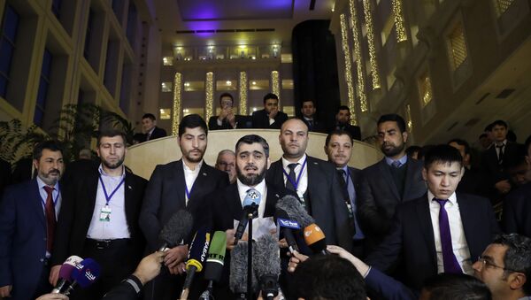 Mohammed Alloush, head of a Syrian opposition delegation, center, speaks to the media after the talks on Syrian peace in Astana, Kazakhstan, Tuesday, Jan. 24, 2017 - Sputnik International