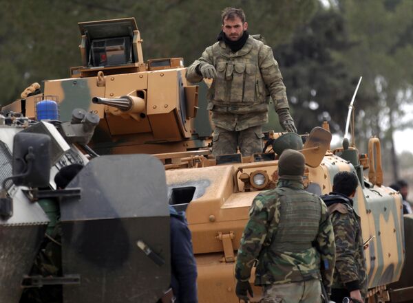 Turkish forces and members of the Free Syrian Army are seen at the al Baza'a village on the outskirts of al-Bab town in Syria Turkish forces and members of the Free Syrian Army are seen at the al Baza'a village on the outskirts of al-Bab town in Syria - Sputnik International
