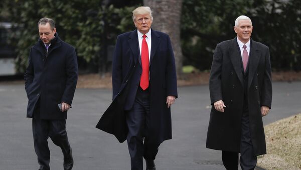 President Donald Trump, Vice President Mike Pence, right, and White House Chief of Staff Reince Priebus, left, walk together on the South Lawn of the White House in Washington to greet Harley Davidson Harley Davidson executives and union representatives - Sputnik International