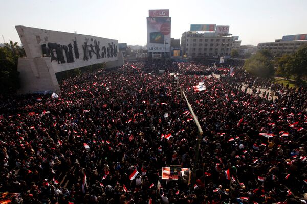 Supporters of Iraqi Shi'ite cleric Moqtada al-Sadr shout slogans during a protest demanding an overhaul of the elections supervision commission ahead of provincial elections due in September, in Baghdad,Iraq February 11, 2017 Supporters of Iraqi Shi'ite cleric Moqtada al-Sadr shout slogans during a protest demanding an overhaul of the elections supervision commission ahead of provincial elections due in September, in Baghdad,Iraq February 11, 2017 - Sputnik International