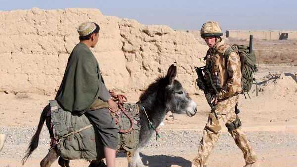 A photograph made available February 28, 2008, shows Britain's Prince Harry (R) as he passes a donkey while on patrol through the deserted town of Garmisir close to FOB Delhi (forward operating base), in Helmand province in Southern Afghanistan, on January 02, 2008 - Sputnik International