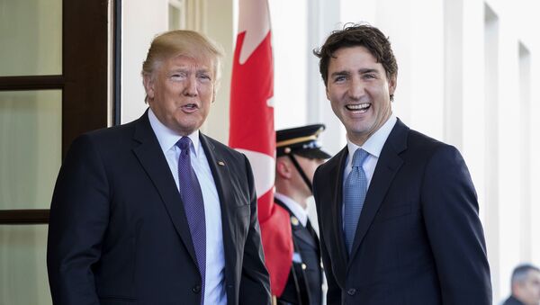 President Donald Trump welcomes Canadian Prime Minister Justin Trudeau outside the West Wing of the White House in Washington - Sputnik International