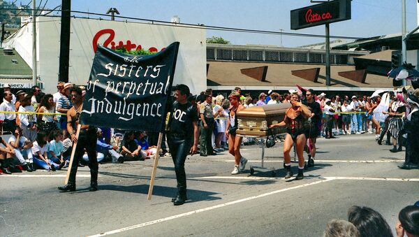 The Sisters of Perpetual Indulgence. Gothic drag. And they appear to be in the parade for a reason - to fulfill a dying wish - this is a real funeral procession - in 1991 - AIDS had people dropping left and right - Sputnik International