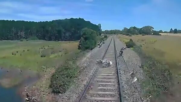 Motorbike rider narrowly misses being hit by high speed train news - Sputnik International