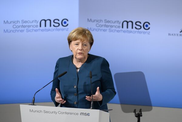 German Chancellor Angela Merkel delivers a speech on the 2nd day of the 53rd Munich Security Conference (MCS) in Munich, southern Germany, on February 18, 2017 - Sputnik International