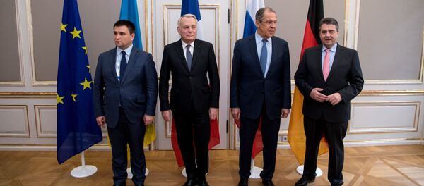 Foreign ministers of the so-called Normandy format (L to R) Ukraine's Foreign Minister Pavlo Klimkin, French Foreign Minister Jean-Marc Ayrault, Russian Foreign Minister Sergei Lavrov and German Foreign Minister Sigmar Gabriel pose for a photographer ahead talks at the 53rd Munich Security Conference (MSC) at the Bayerischer Hof hotel in Munich, southern Germany, on February 18, 2017 Foreign ministers of the so-called Normandy format (L to R) Ukraine's Foreign Minister Pavlo Klimkin, French Foreign Minister Jean-Marc Ayrault, Russian Foreign Minister Sergei Lavrov and German Foreign Minister Sigmar Gabriel pose for a photographer ahead talks at the 53rd Munich Security Conference (MSC) at the Bayerischer Hof hotel in Munich, southern Germany, on February 18, 2017 - Sputnik International