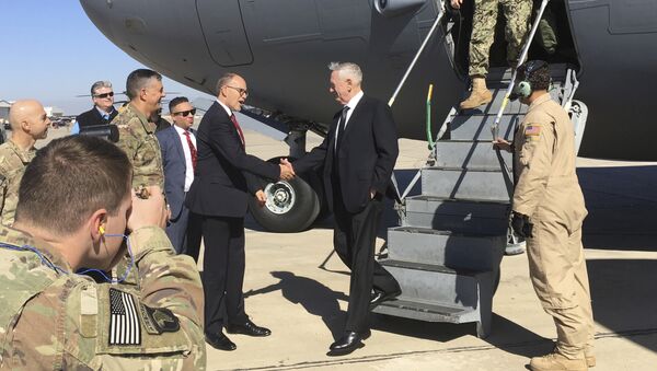 U.S. Secretary of Defense Jim Mattis, center, is greeted by U.S. Ambassador Douglas Silliman as he arrives at Baghdad International Airport on an unannounced trip Monday, Feb. 20, 2017. - Sputnik International