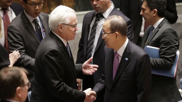 United Nations Secretary-General Ban Ki-moon, right, greets Russia's Ambassador to the U.N. Vitaly Churkin before a Security Council meeting at United Nations headquarters, Wednesday, Sept. 30, 2015 - Sputnik International