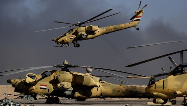An Iraqi airforce MI-28 helicopter takes off in front of MI-35 (R) and MI28 helicopters at the army base of Qaryat Jaddalat, south of the city of Mosul on November 25, 2016 - Sputnik International