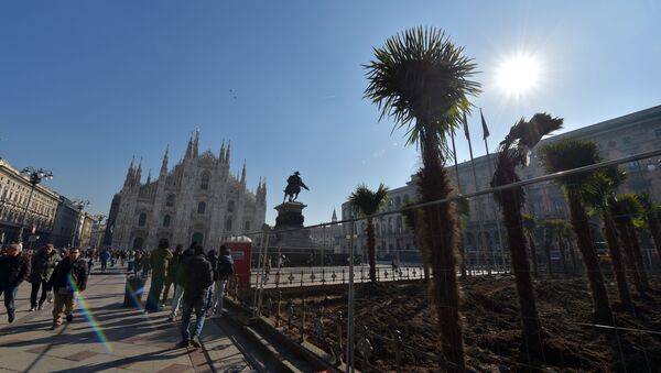 People walk past newly planted palm trees in an area near Italy's landmark, the Milan Cathedral, at the Piazza del Duomo in Milan on February 16, 2017 - Sputnik International