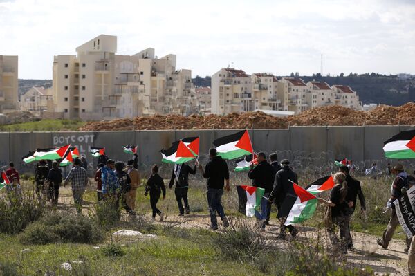 Palestinians and foreigners march towards Israel's controversial separation wall between the West Bank village of Bilin near Ramallah and the Israeli settlement of Modiin Ilit during a demonstration against settlements in the area, on February 17, 2017 Palestinians and foreigners march towards Israel's controversial separation wall between the West Bank village of Bilin near Ramallah and the Israeli settlement of Modiin Ilit during a demonstration against settlements in the area, on February 17, 2017 - Sputnik International