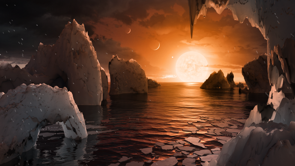 This illustration shows the possible surface of TRAPPIST-1f, one of the newly discovered planets in the TRAPPIST-1 system. Scientists using the Spitzer Space Telescope and ground-based telescopes have discovered that there are seven Earth-size planets in the system. - Sputnik International