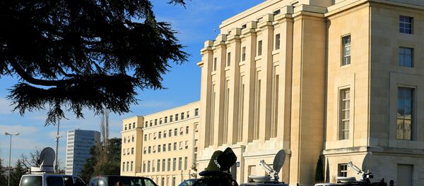 Journalists stand outside the United Nations office in Geneva during the Geneva IV conference on Syria, Switzerland, February 23, 2017 - Sputnik International