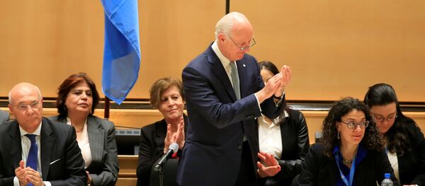 United Nations Special Envoy for Syria Staffan de Mistura addresses the Syrian invitees in the presence of members of the UN Security Council and the International Syria Support Group in the context of the resumption of intra-Syrian talks at the Palais des Nations in Geneva, Switzerland, February 23, 2017 United Nations Special Envoy for Syria Staffan de Mistura addresses the Syrian invitees in the presence of members of the UN Security Council and the International Syria Support Group in the context of the resumption of intra-Syrian talks at the Palais des Nations in Geneva, Switzerland, February 23, 2017 - Sputnik International