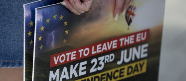 A Leave campaigner holds placards as she waits for the arrival of UK Independence Party (UKIP) leader Nigel Farage in Clacton-on-Sea, eastern England on June 21, 2016. A Leave campaigner holds placards as she waits for the arrival of UK Independence Party (UKIP) leader Nigel Farage in Clacton-on-Sea, eastern England on June 21, 2016. - Sputnik International