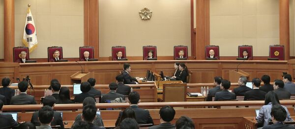 Judges of the Constitutional Court sit during the final hearing on whether to confirm the impeachment of President Park Geun-hye at the Constitutional Court in Seoul, South Korea, Febuary 27, 2017 - Sputnik International