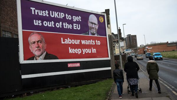 A family group walk past a UK Independence Party (UKIP) campaign poster for their candidate UKIP Leader Paul Nuttall following the result of the by-election for the Stoke-on-Trent Central constituency in Stoke-on-Trent, central England on February 24, 2017 which returned a victory for the Labour Party candidate - Sputnik International