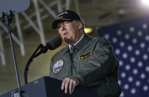 President Donald Trump reads from a teleprompter during a speech aboard the nuclear aircraft carrier Gerald R. Ford, at Newport News Shipbuilding in Newport News, Va., Thursday, March 2, 2017. President Donald Trump reads from a teleprompter during a speech aboard the nuclear aircraft carrier Gerald R. Ford, at Newport News Shipbuilding in Newport News, Va., Thursday, March 2, 2017. - Sputnik International