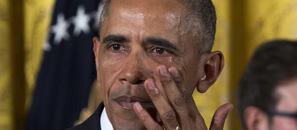 President Barack Obama wipes away tears from his eyes as he speaks in the East Room of the White House in Washington on Jan. 5, 2016, about steps his administration is taking to reduce gun violence. - Sputnik International