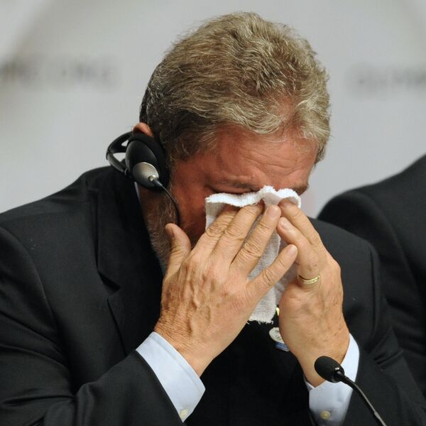Brazilian President Luiz Inacio Lula da Silva cries at the press conference after Rio won the right to host the 2016 Olympic games, on October 2, 2009 in Copenhagen Brazilian President Luiz Inacio Lula da Silva cries at the press conference after Rio won the right to host the 2016 Olympic games, on October 2, 2009 in Copenhagen - Sputnik International