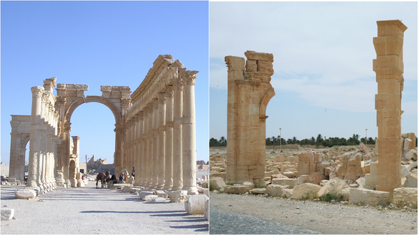 Triumphal Arch in the historical part of Palmyra. Before (left) and after (right) its destruction by Daesh - Sputnik International