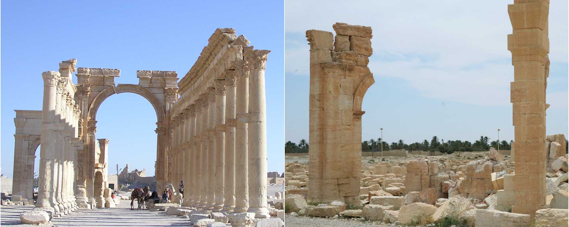 Triumphal Arch in the historical part of Palmyra. Before (left) and after (right) its destruction by Daesh - Sputnik International, 1920, 14.07.2022