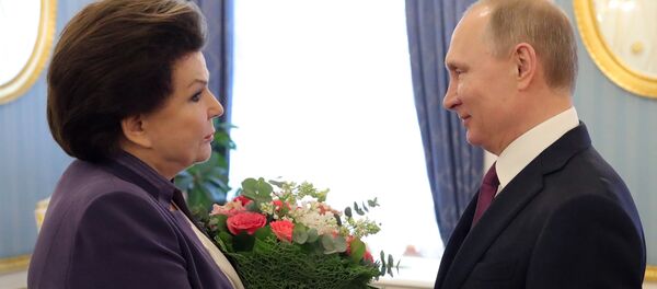 March 6, 2017. Russian President Vladimir Putin and Valentina Tereshkova, cosmonaut, the first woman in space, Hero of the Soviet Union and deputy of the Russian State Duma, during a meeting. March 6, 2017. Russian President Vladimir Putin and Valentina Tereshkova, cosmonaut, the first woman in space, Hero of the Soviet Union and deputy of the Russian State Duma, during a meeting. - Sputnik International