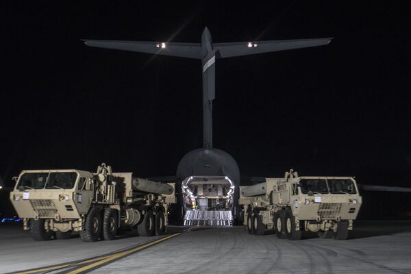 In this photo provided by U.S. Forces Korea, trucks carrying U.S. missile launchers and other equipment needed to set up the Terminal High Altitude Area Defense (THAAD) missile defense system arrive at the Osan air base in Pyeongtaek, South Korea, Monday, March 6, 2017. In this photo provided by U.S. Forces Korea, trucks carrying U.S. missile launchers and other equipment needed to set up the Terminal High Altitude Area Defense (THAAD) missile defense system arrive at the Osan air base in Pyeongtaek, South Korea, Monday, March 6, 2017. - Sputnik International