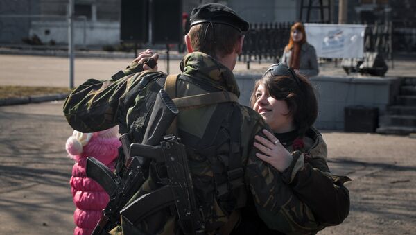 Self-defense fighters of the Donetsk People's Republic celebrate International Women's Day (March 8) in the city of Debaltsevo - Sputnik International