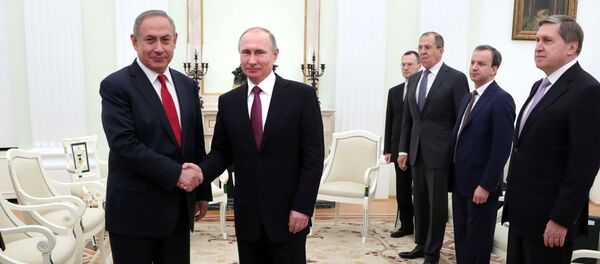 March 9, 2017. President Vladimir Putin and Israeli Prime Minister Benjamin Netanyahu, left, during a meeting. From left: Presidential Aide Yury Ushakov, Deputy Prime Minister Arkady Dvorkovich and Foreign Minister Sergei Lavrov March 9, 2017. President Vladimir Putin and Israeli Prime Minister Benjamin Netanyahu, left, during a meeting. From left: Presidential Aide Yury Ushakov, Deputy Prime Minister Arkady Dvorkovich and Foreign Minister Sergei Lavrov - Sputnik International