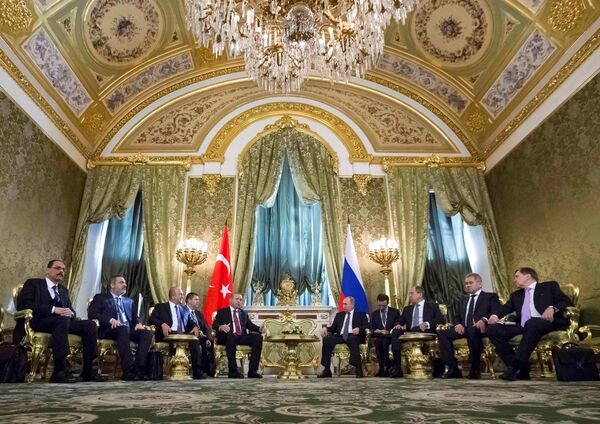 Members of Russian and Turkish delegations, led by Presidents Vladimir Putin (5th R) and Tayyip Erdogan (5th L), attend a meeting at the Kremlin in Moscow, Russia, March 10, 2017 Members of Russian and Turkish delegations, led by Presidents Vladimir Putin (5th R) and Tayyip Erdogan (5th L), attend a meeting at the Kremlin in Moscow, Russia, March 10, 2017 - Sputnik International