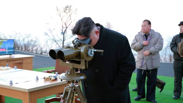 North Korean leader Kim Jong Un supervised a ballistic rocket launching drill of Hwasong artillery units of the Strategic Force of the KPA on the spot in this undated photo released by North Korea's Korean Central News Agency (KCNA) in Pyongyang March 7, 2017 - Sputnik International