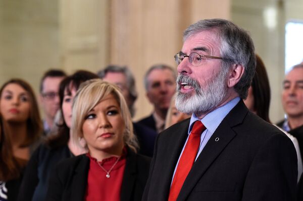 Sinn Fein leader Michelle O'Neill and Sinn Fein President Gerry Adams speak to media and introduce the new Sinn Fein Assembly team at Parliament buildings in Belfast, Northern Ireland March 6, 2017.  - Sputnik International