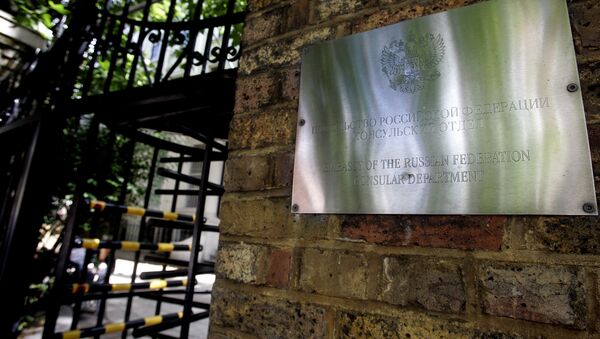 A sign on the wall at the entrance to the Russian Embassy in London. (File) - Sputnik International