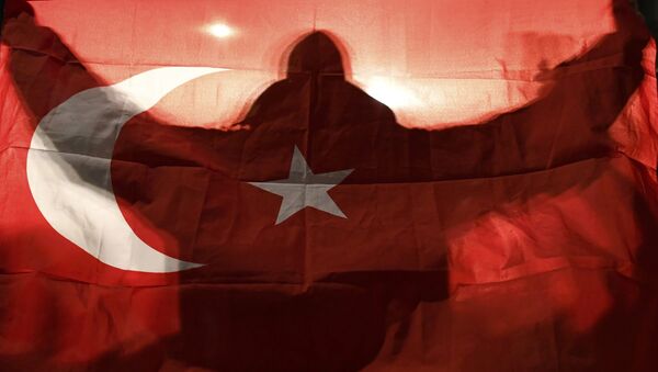 A demonstrator holds a Turkish flag outside the Turkish consulate in Rotterdam where a crowd gathered to await the arrival of the Turkish Family Minister Fatma Betul Sayan Kaya, who decided to travel to Rotterdam by land after Turkish Foreign Minister Mevlut Cavusoglu's flight was barred from landing by the Dutch government, in Rotterdam, Netherlands March 11, 2017. - Sputnik International