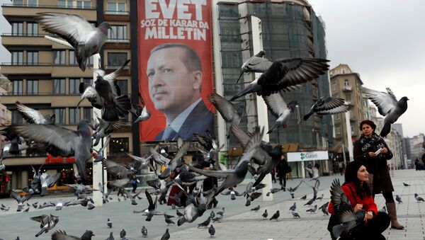 A campaign banner for the upcoming referendum with the picture of Turkish President Tayyip Erdogan is seen on Taksim square in central Istanbul, Turkey March 15, 2017. - Sputnik International