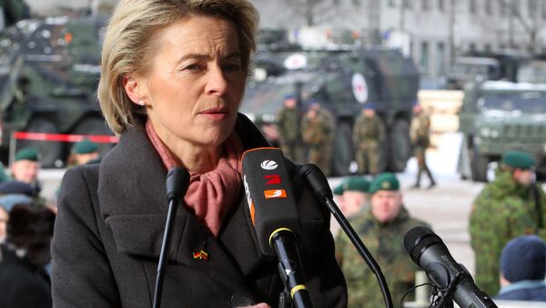 German Defence Minister Ursula von der Leyen speaks during a press conference after the official welcome ceremony for the arrival of first troops of the NATO enhanced Forward Presence (eFP) battalion battle group in Rukla, Lithuania, on February 7 , 2017 - Sputnik International