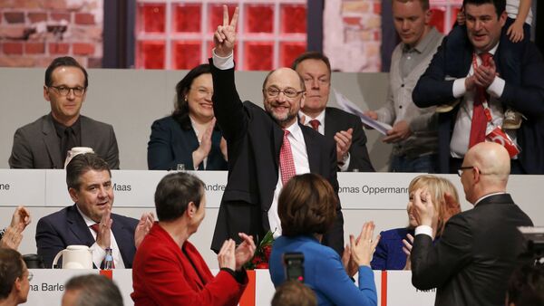 Martin Schulz reacts after he was elected new Social Democratic Party (SPD) leader during an SPD party convention in Berlin, Germany, March 19, 2017 - Sputnik International