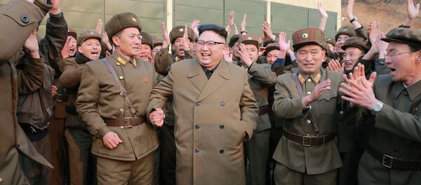 North Korean leader Kim Jong Un watched the ground jet test of a Korean-style high-thrust engine newly developed by the Academy of the National Defence Science in this undated picture provided by KCNA in Pyongyang on March 19, 2017. - Sputnik International